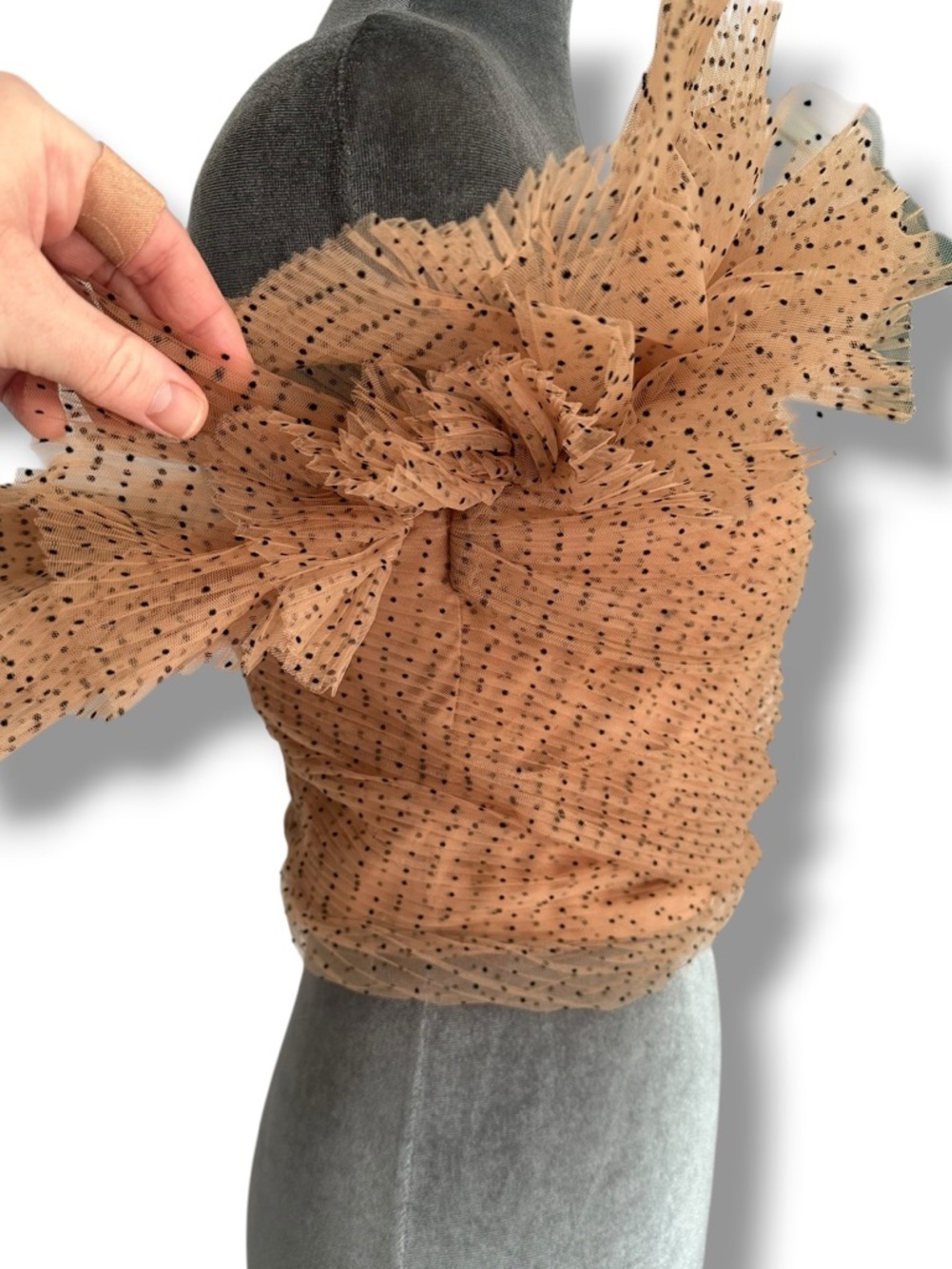 Zara Nude Mesh Tulle Black Polka Dot Ruffle Crop Tube Top Small Limited Edition - Picture 12 of 15